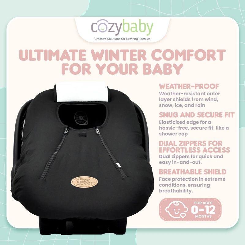 CozyBaby Cozy Cover Infant Car Seat Insulating Cover with Dual Zippers, Face Shield, and Elastic Edge for Travel During Winter Months, Black, 2 of 7