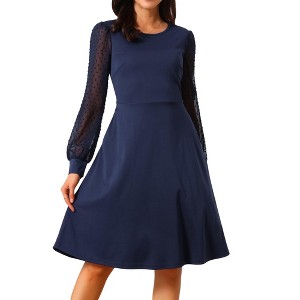 Seta T Women's Lantern Long Sleeve Round Neck Elegant Swiss Dots Work Knee Length Dress - 1 of 4