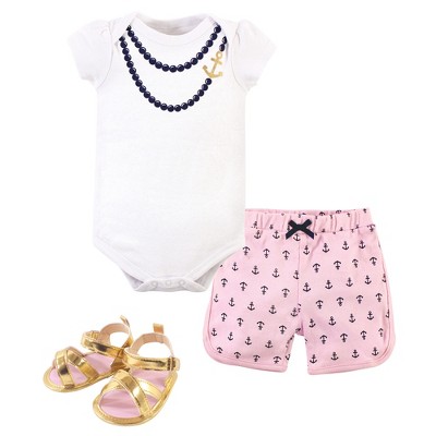 Image of Little Treasure Baby Girl Cotton Bodysuit, Pant and Shoe 3pc Set, Anchor Necklace, 0-3 Months