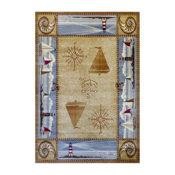 Emma and Oliver Nautical Theme Accent Rug with Coastal Scene Borders Featuring Sailboats, Lighthouses, Anchors, Compass Rose and Seashells