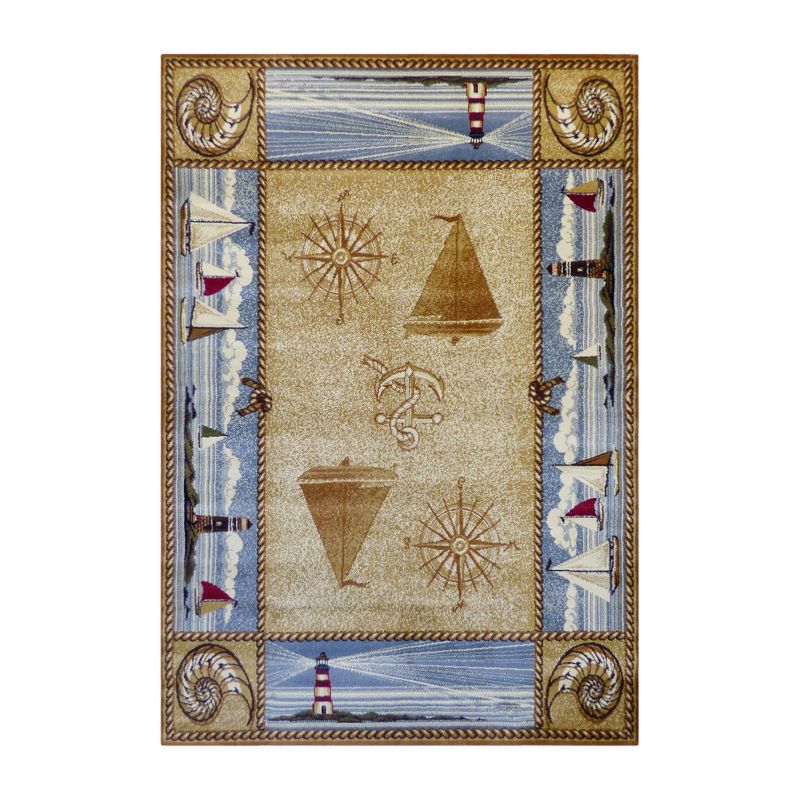 Emma and Oliver Nautical Theme Accent Rug with Coastal Scene Borders Featuring Sailboats, Lighthouses, Anchors, Compass Rose and Seashells, 1 of 7