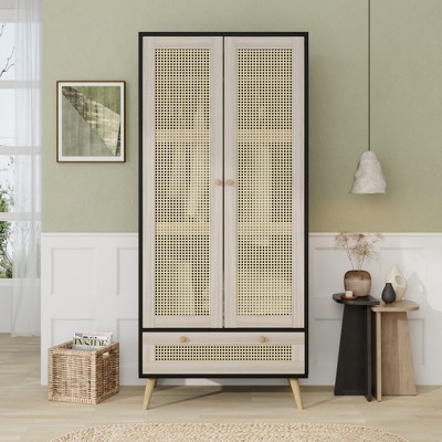 JUJABU 70.8" Boho Armoire Wardrobe Closet with Rattan Doors, Drawer and Hanging Rod for Bedroom Storage, Natural and Black Finish
