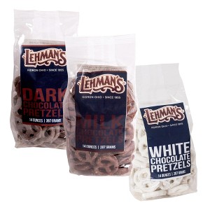 Lehman's Chocolate Covered Mini Pretzels, Milk, Dark and White Chocolate Coated Pretzels, Sweet and Salty Snack, 3 Pack of 14 oz Resealable Bags - 1 of 4