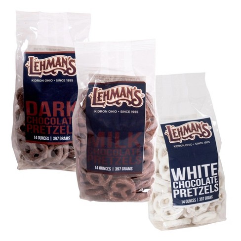 Lehman's Chocolate Covered Mini Pretzels, Milk, Dark and White Chocolate Coated Pretzels, Sweet and Salty Snack, 3 Pack of 14 oz Resealable Bags - image 1 of 4