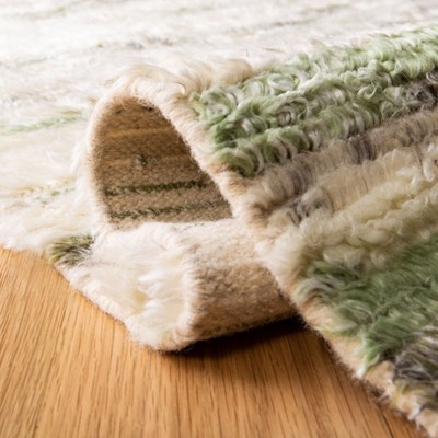 Ivory and Green Hand-Knotted Wool Shag Rug, 4' x 6'