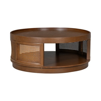 YNXARIA Mid-Century Brown Round Coffee Table with Rattan Accents