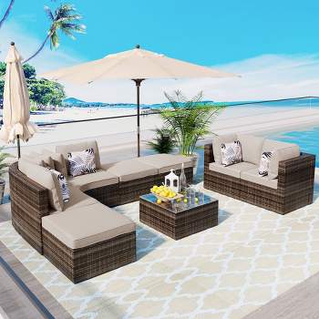 8 PCS Outdoor Patio Rattan Conversation Sofa Set with 1 Glass Table and Colorful Pillows, Brown Wicker+Beige Cushion 4A - ModernLuxe