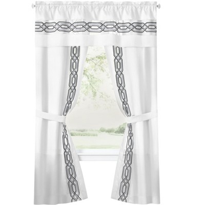 White Semi Sheer Geometric Lattice Curtain Panels with Valance Set