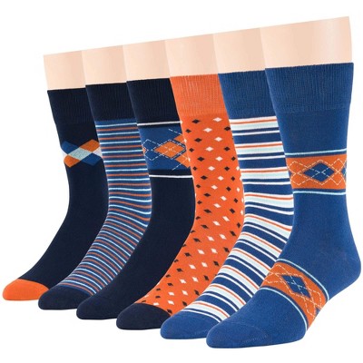 Men Cotton Patterned Dress Sock - 6 Pack - Argyle, Stripe, Dot - Shoe Size 9-12 L - Black, Brown, Navy, Blue | 7BIGSTARS KINGDOM