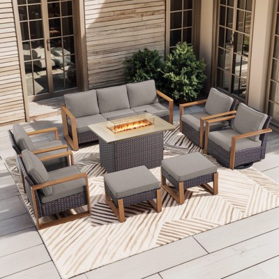 Buenhomino 8 Piece Patio Furniture Set with 41" Fire Pit Table Wicker Rattan Patio Sectional Sofa Set Outdoor Seating Furniture with Thickened Cushion