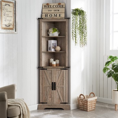 OKD 68" Tall Corner Cabinet with 2 Barn Door & Adjustable Shelves for Bathroom