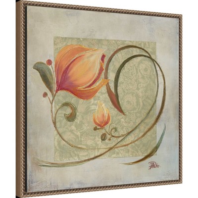 Peach Floral Beaded Bronze Framed Canvas Wall Art