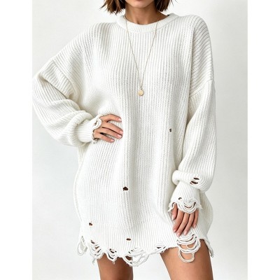 Women Oversized Long Sleeve Distressed Frayed Hem Chunky Knit Tunic Sweater Dress, White, L : Target