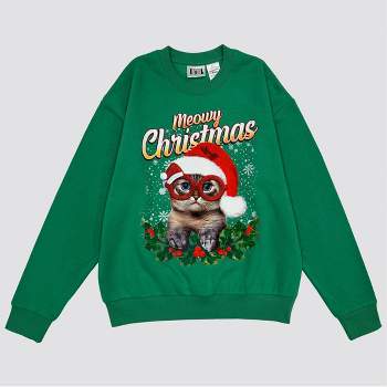 Men's Meowy Christmas Graphic Pullover Sweatshirt - Kelly Green