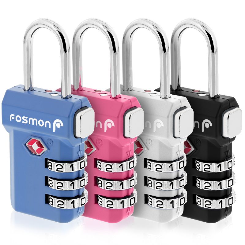 Fosmon 4-Pack TSA Accepted 3-Digit Combination Luggage Lock with Unlock Button, Open Alert Indicator - Black, Blue, Pink, and Silver, 1 of 9