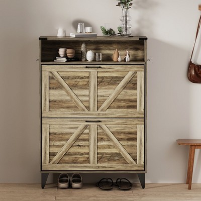 Shoe Cabinet with 2 Flip Drawers, Freestanding Shoe Storage Cabinet with Open Shelves, Hidden Narrow Shoe Rack for Entryway Hallway