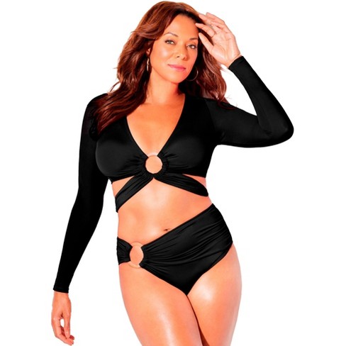 Swimsuits for All Women's Plus Size O-Ring Long Sleeve Bikini Top - 24,  Black