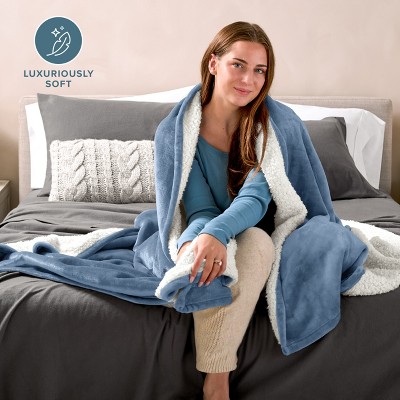 Coronet Blue Reversible Sherpa Fleece Throw Blanket