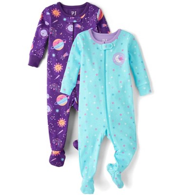 The Children's Place Toddler Girls Long Sleeve Space Snug Fit Cotton Footed One Piece Pajamas 2-Pack