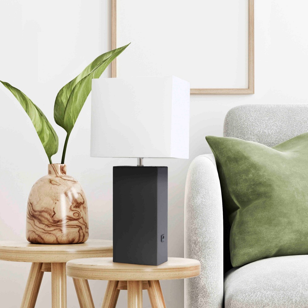 Lalia Home Lexington 21" Leather Base Modern Table Lamp with USB Charging Port and Feit LED (Includes LED Light Bulb) Black