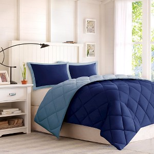 3pc Full/Queen Windsor Reversible Down Alternative Comforter Set with 3M Stain Resistance Finishing Navy/Light Blue, Blue&Light Blue