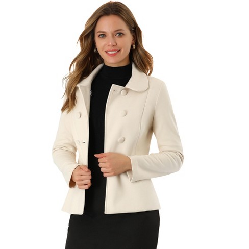 Allegra K Women's Peter Pan Collar Peacoat Double Breasted Long Sleeve  Short Coat White X-Small