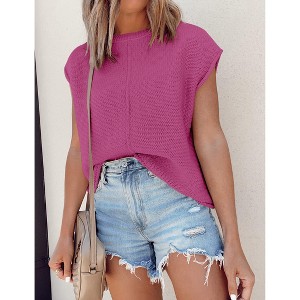 Womens Summer Cap Sleeve Tops Trendy Casual Crew Neck Knit Lightweight Sweater Pullover Top - 1 of 4