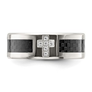 Chisel Stainless Steel Polished with Black Carbon Fiber Inlay Cubic Zirconia Cross 8mm Band Ring - 1 of 4