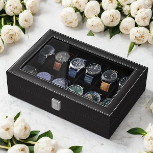 Premium 12-Slot Watch Box, Large Glass Lid, Removable Pillows, Black Synthetic Leather Organizer with Black Lining - Ideal Gift for Watch Enthusiasts - 1 of 4