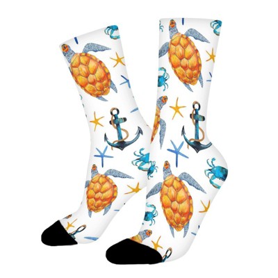 Blue Starfish And Yellow Turtles Women Printed Crew Socks Funny Funky Socks Soft Polyester Novelty Gifts for Artists Men