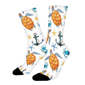 Blue Starfish And Yellow Turtles Women Printed Crew Socks Funny Funky Socks Soft Polyester Novelty Gifts for Artists Men - 1 of 1