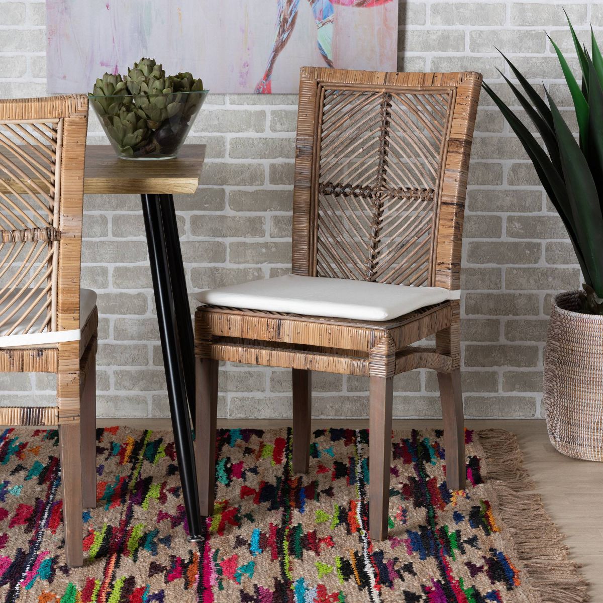 Laluna Rattan and Mahogany Dining Chair with Cushion Gray/White - bali & pari: Removable Cushion, Curved Backrest - thumbnail 2