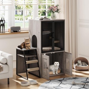 Litter Box Enclosure with Platform, Double Layer Hidden Furniture, Modern Villa Cat Cabinet with Ladder, Hammock & Metal Mesh Door,Washroom Cat House - 1 of 4