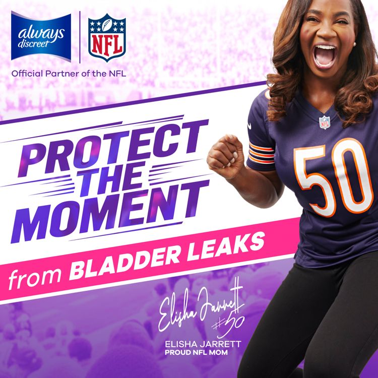 Cheering woman wearing a navy colored football jersey with number 50 beside a purple colored and pink colored banner reading 'PROTECT THE MOMENT' and 'from BLADDER LEAKS', with Always Discreet and NFL logos and Elisha Jarrett signature.
