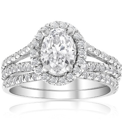 Pompeii3 1.75Ct Diamond & Oval Moissanite Engagement Wedding Ring Set 14k White Gold