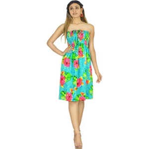 LA LEELA Women's House Daily Routine Evening Wear Boho Smocked Mini Flowy Casual Backless Dress Tube Top Strapless for Women One Size Blue, Floral - 1 of 4