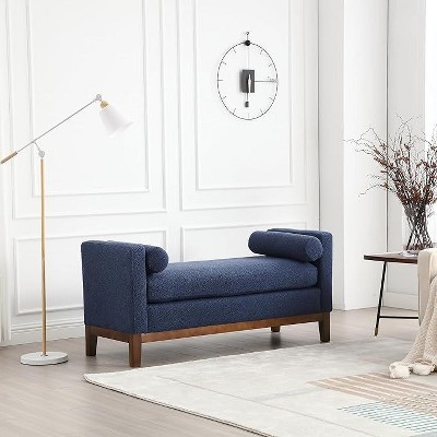 Upholstered Bench with Bolster Pillows & Wood Legs - Breathable Boucle Fabric, 275LB Capacity, for End of Bed, Living Room, Entryway