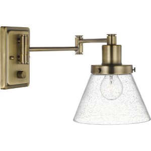Progress Lighting Hinton 1-Light Swing Arm Wall Bracket, Vintage Brass, Seeded Glass Shade - 1 of 4