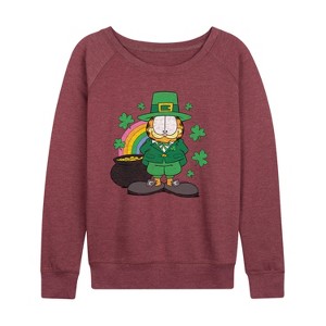 Women's - Garfield - Rainbow Shamrocks Lightweight French Terry Wide Neck Long Sleeve Shirt - 1 of 4