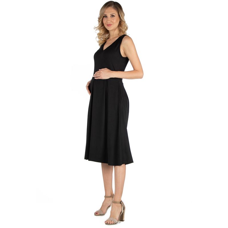 24seven Comfort Apparel Fit and Flare Sleeveless Maternity Midi Dress with Pockets, 2 of 5