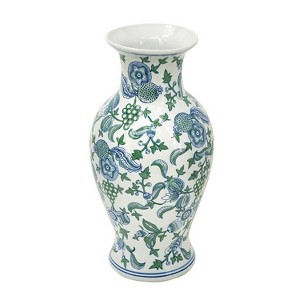 HomeRoots 19" White Blue And Green Floral Urn Porcelain Table Vase - 1 of 4