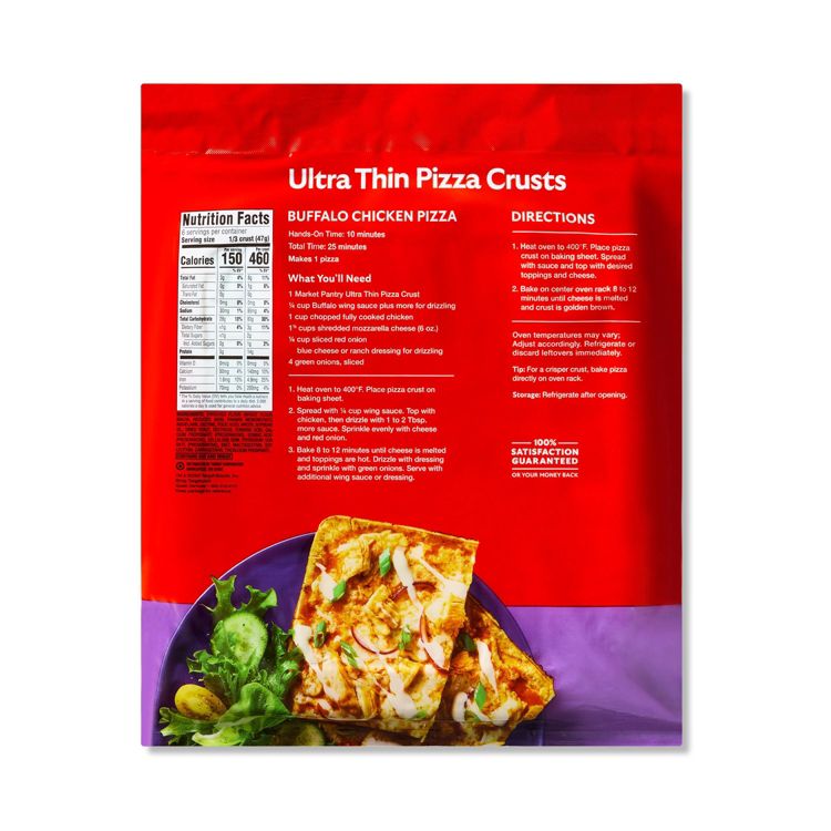 Red package of Ultra Thin Pizza Crusts featuring a nutrition facts label, a Buffalo Chicken Pizza recipe, and an image of pizza slices with salad.
