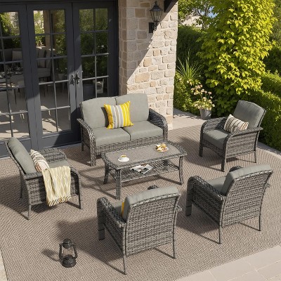 XIZZI Outdoor Wicker Sofa Set with Optional Swivel Chairs, 3.5" Cushions 5 Colors (Gray, Black, Navy, etc.), All-Weather Rattan, Modular 2-7 Pieces