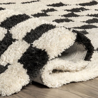 Ivory and Black Checkered Shag Synthetic Area Rug