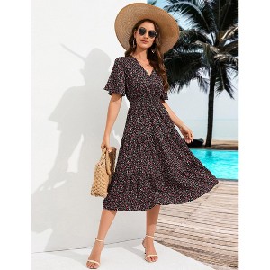 Coolmee Women Smocked High Waist Cross V Neck Ruffled Short Sleeve Layered Midi Dress - 1 of 4