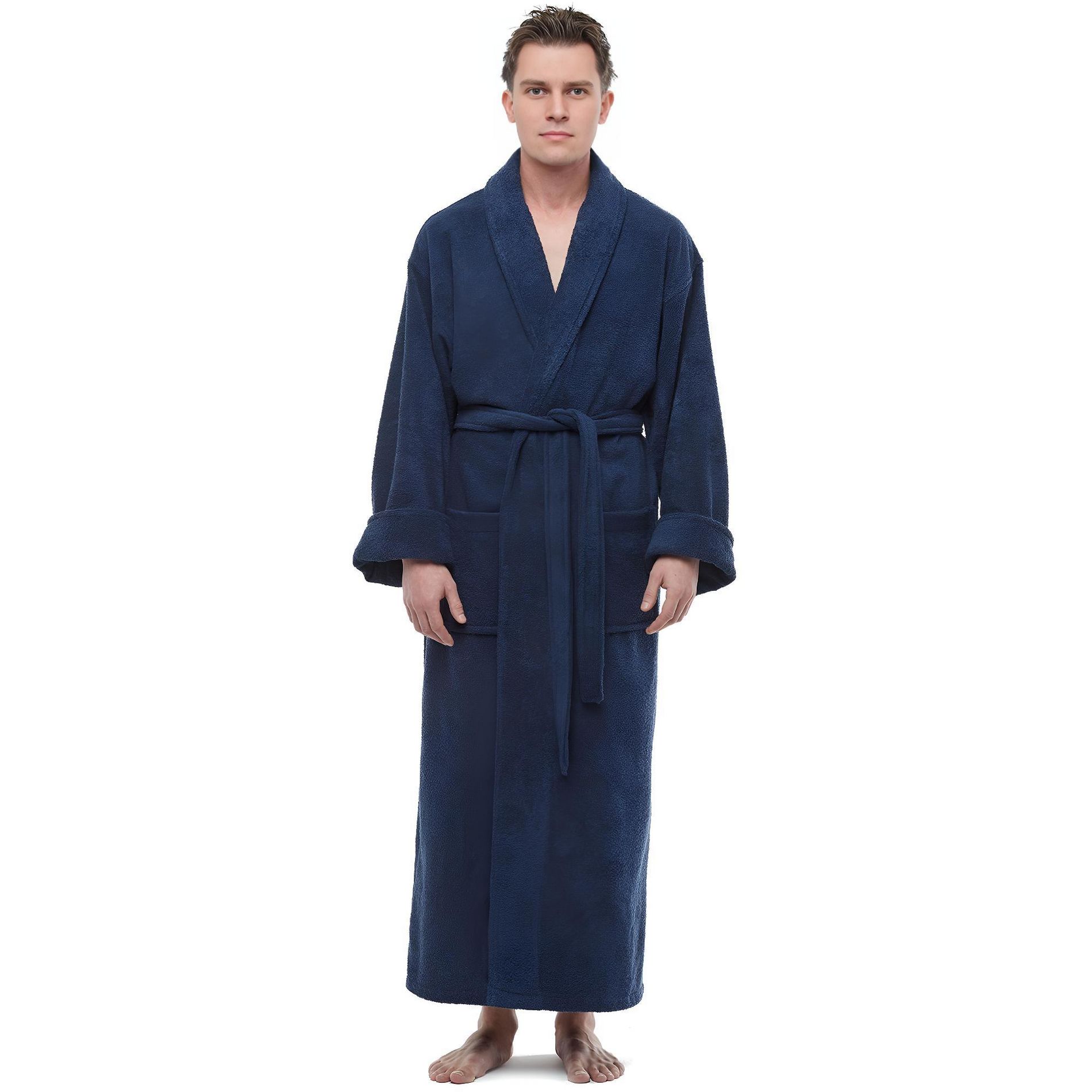 ESKYMODE Mens Terry Cotton Bathrobe, Ankle Length Long Towel Bath Robe , Navy Blue , XXLarge