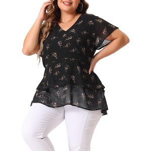 Agnes Orinda Women's Plus Size V Neck Short Sleeve Floral Print Tiered Peplum Blouses - 1 of 4