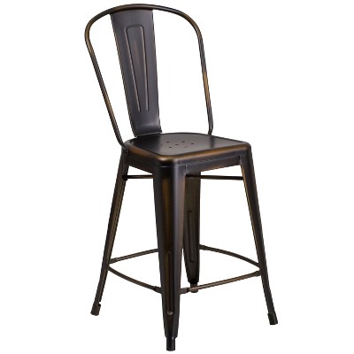 Flash Furniture Commercial Grade 24" High Distressed Metal Indoor-Outdoor Counter Height Stool with Back