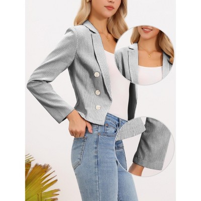 Женские пиджаки INSPIRE CHIC Women's Stripe Notch Lapel Long Sleeve Open Front Casual Work Office Suit Blazer Medium Dark Blue — фото 2
