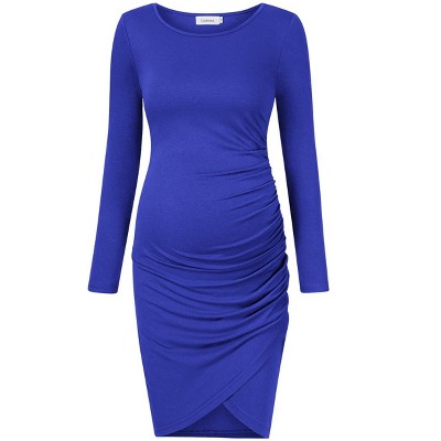 Women's round neck long sleeved cross hem pleated maternity dress non vacuum 35 # sapphire blue long sleeved Sapphire Blue Long Sleeve_S
